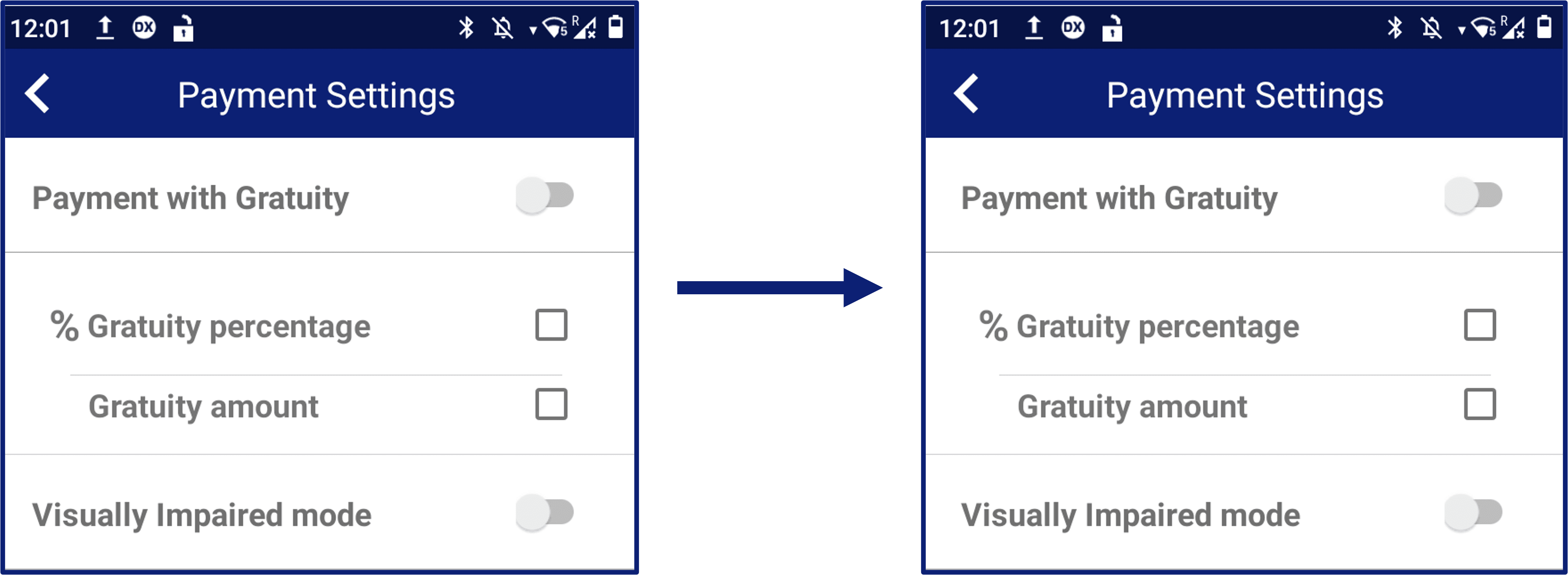 Side-by-side screenshots of a mobile app's payment settings, featuring gratuity options and accessibility toggle.