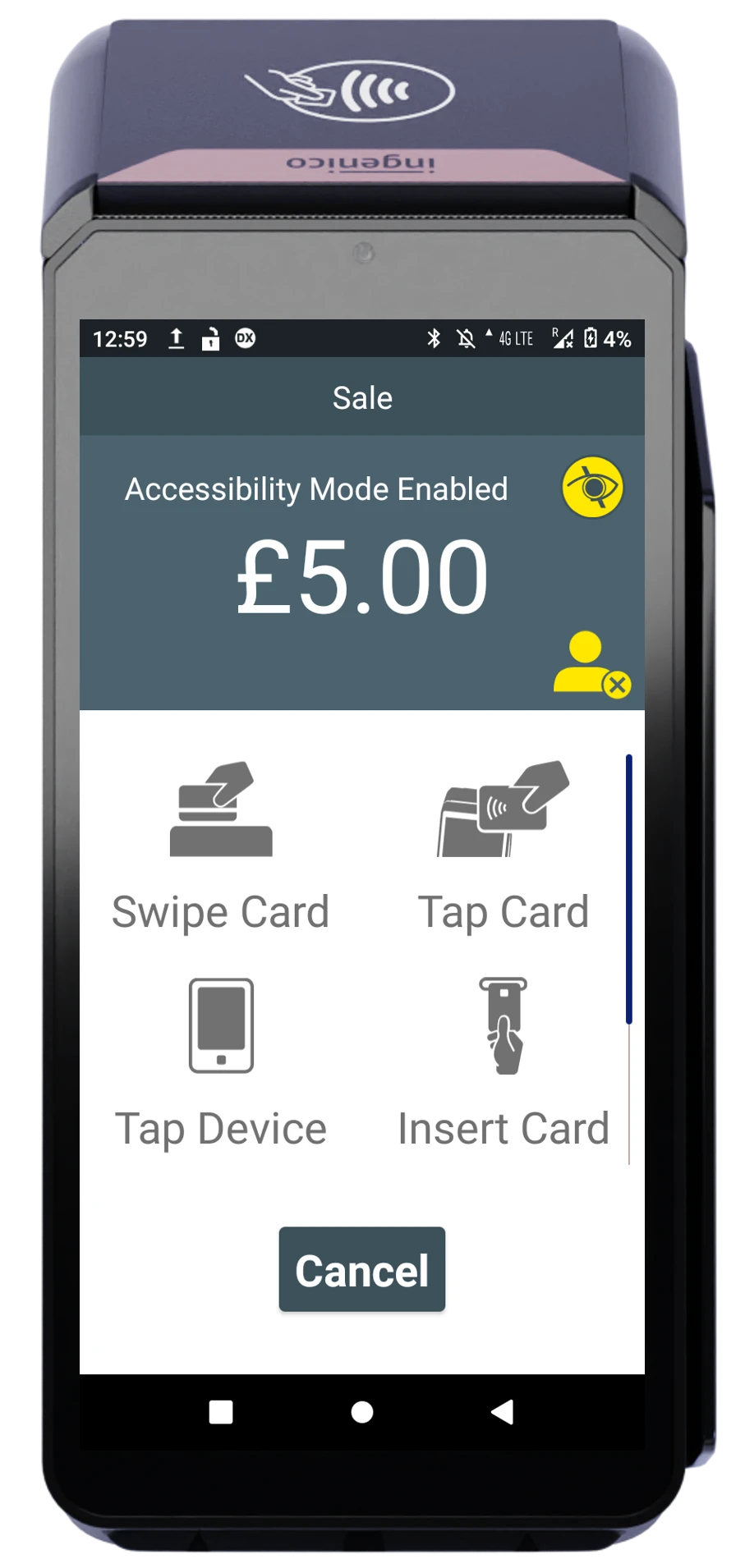 Payment terminal screen showing £5.00 sale with accessibility mode enabled and multiple card input options.